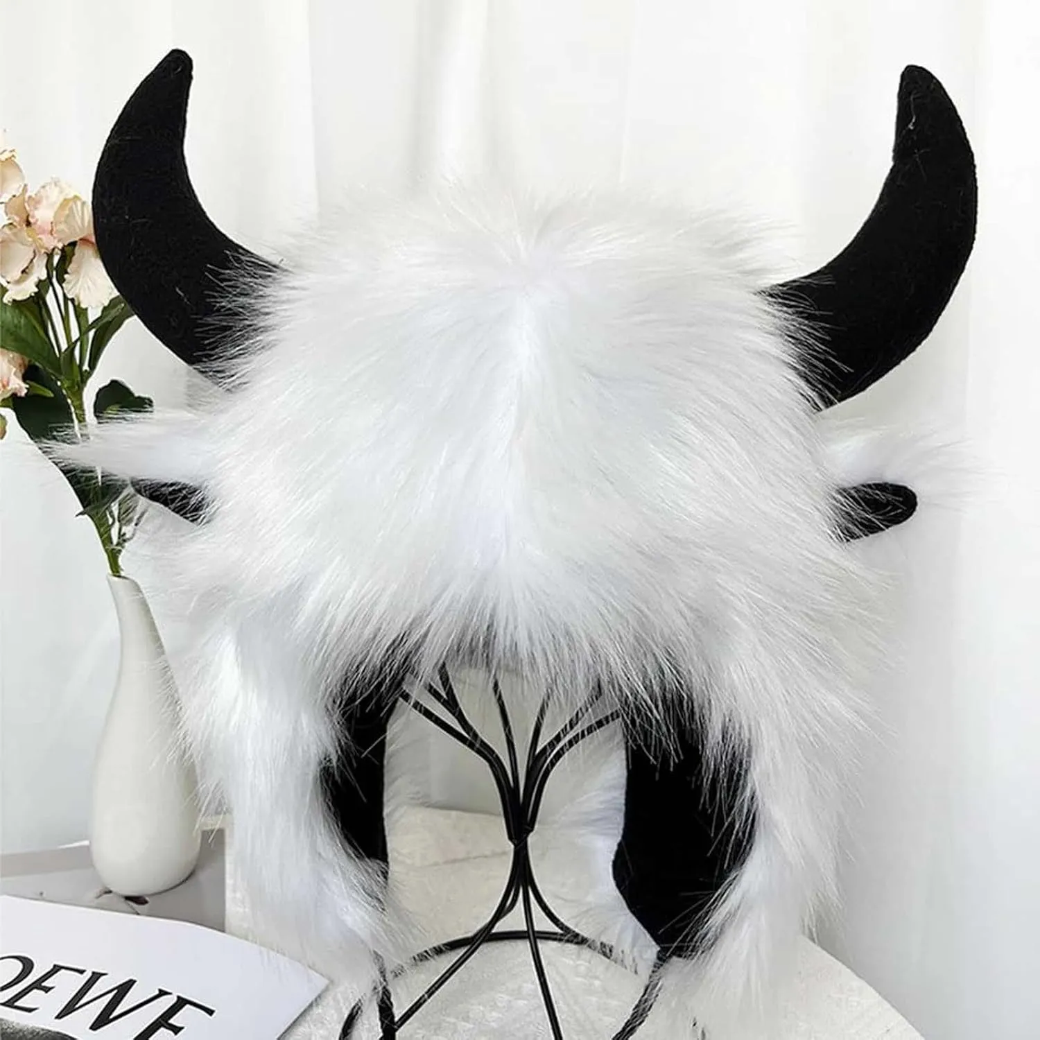 Faux Furry Cowhorn Hat Novelty Animal Hat Winter Warm Trapper Cap Ear with Earflap Windproof Thermal Ski Hat