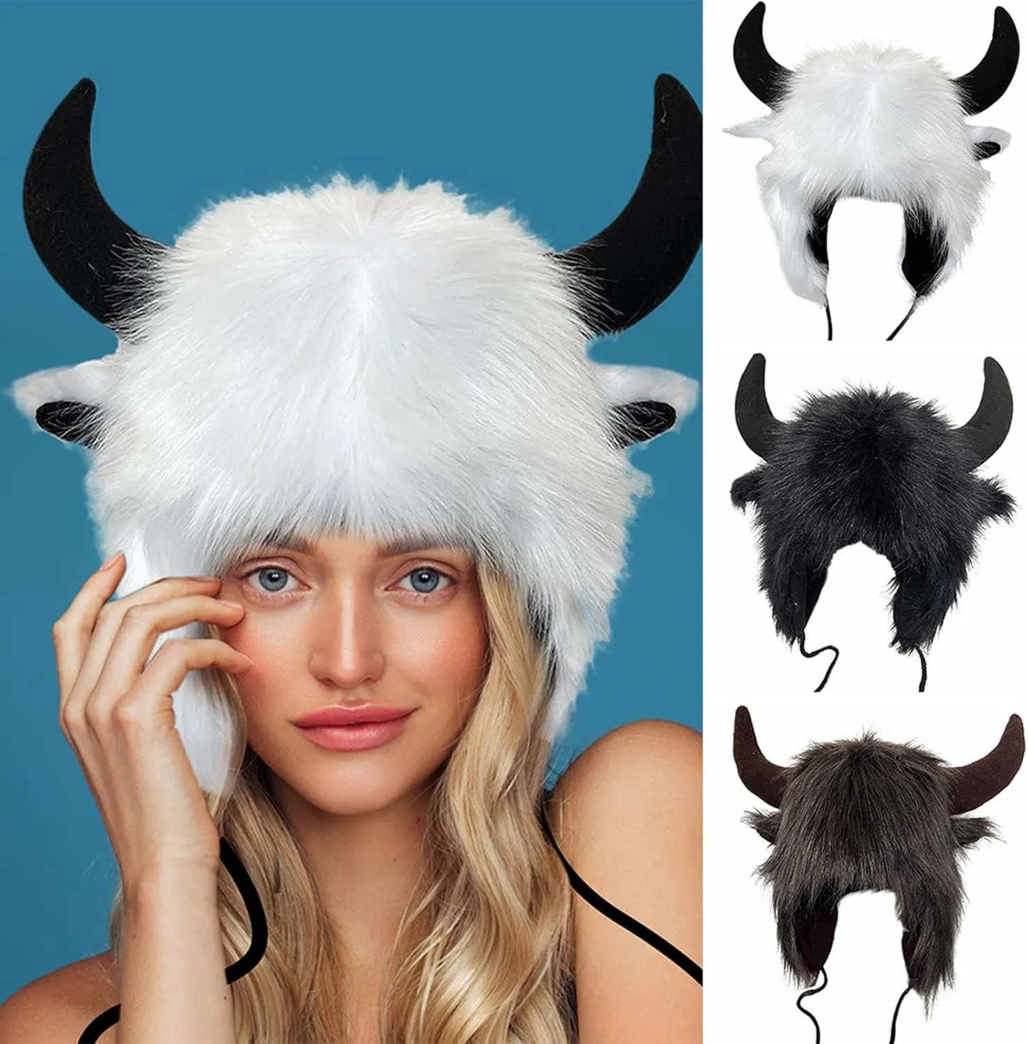 Faux Furry Cowhorn Hat Novelty Animal Hat Winter Warm Trapper Cap Ear with Earflap Windproof Thermal Ski Hat