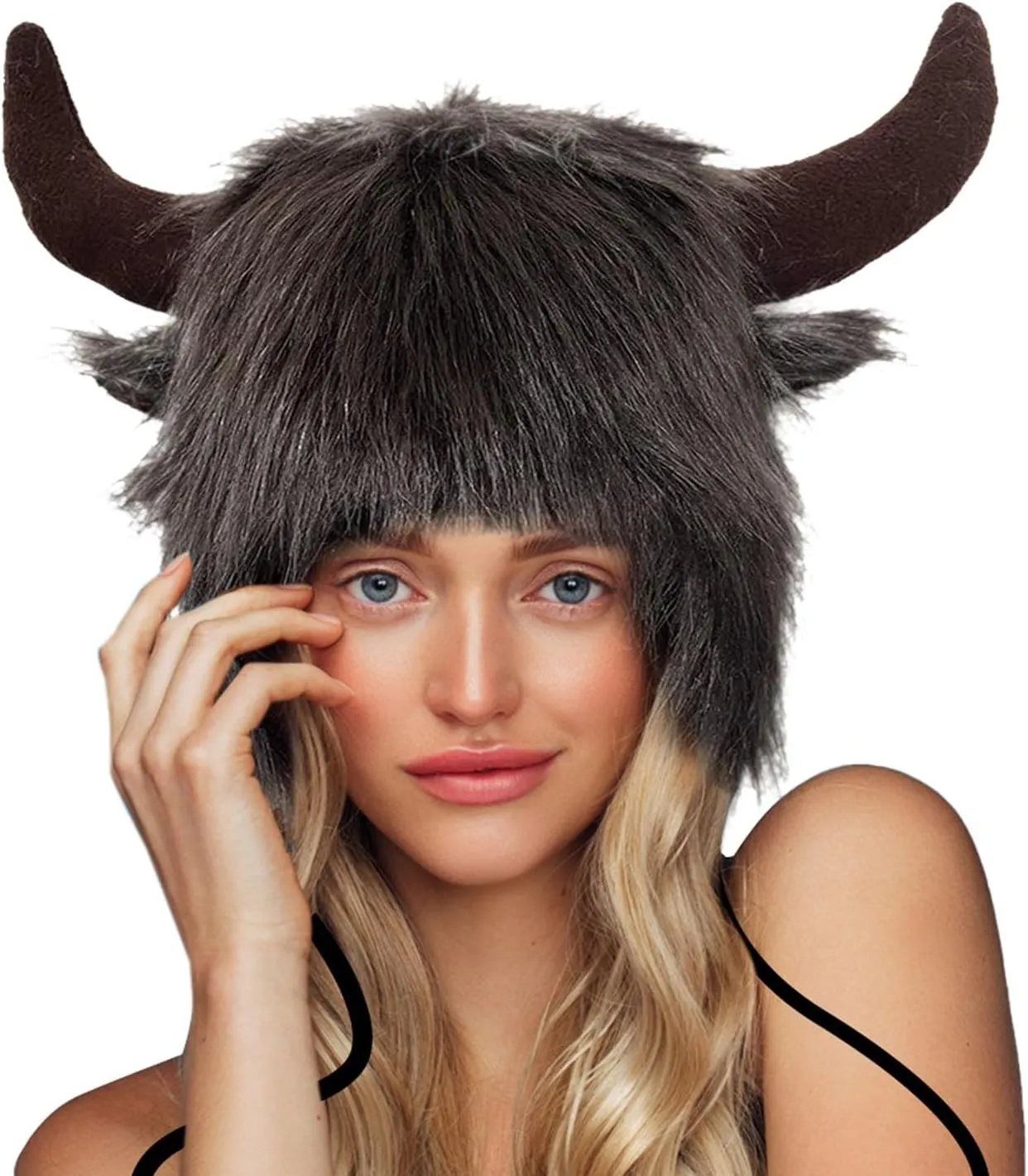 Faux Furry Cowhorn Hat Novelty Animal Hat Winter Warm Trapper Cap Ear with Earflap Windproof Thermal Ski Hat