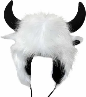 Faux Furry Cowhorn Hat Novelty Animal Hat Winter Warm Trapper Cap Ear with Earflap Windproof Thermal Ski Hat