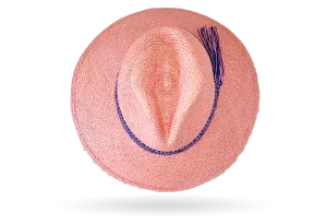 FINE 'URBAN ELLE' ROSE PANAMA HAT WIDER DOWN BRIM (9CM) WITH HANDWOVEN FRINGED STRAW BAND