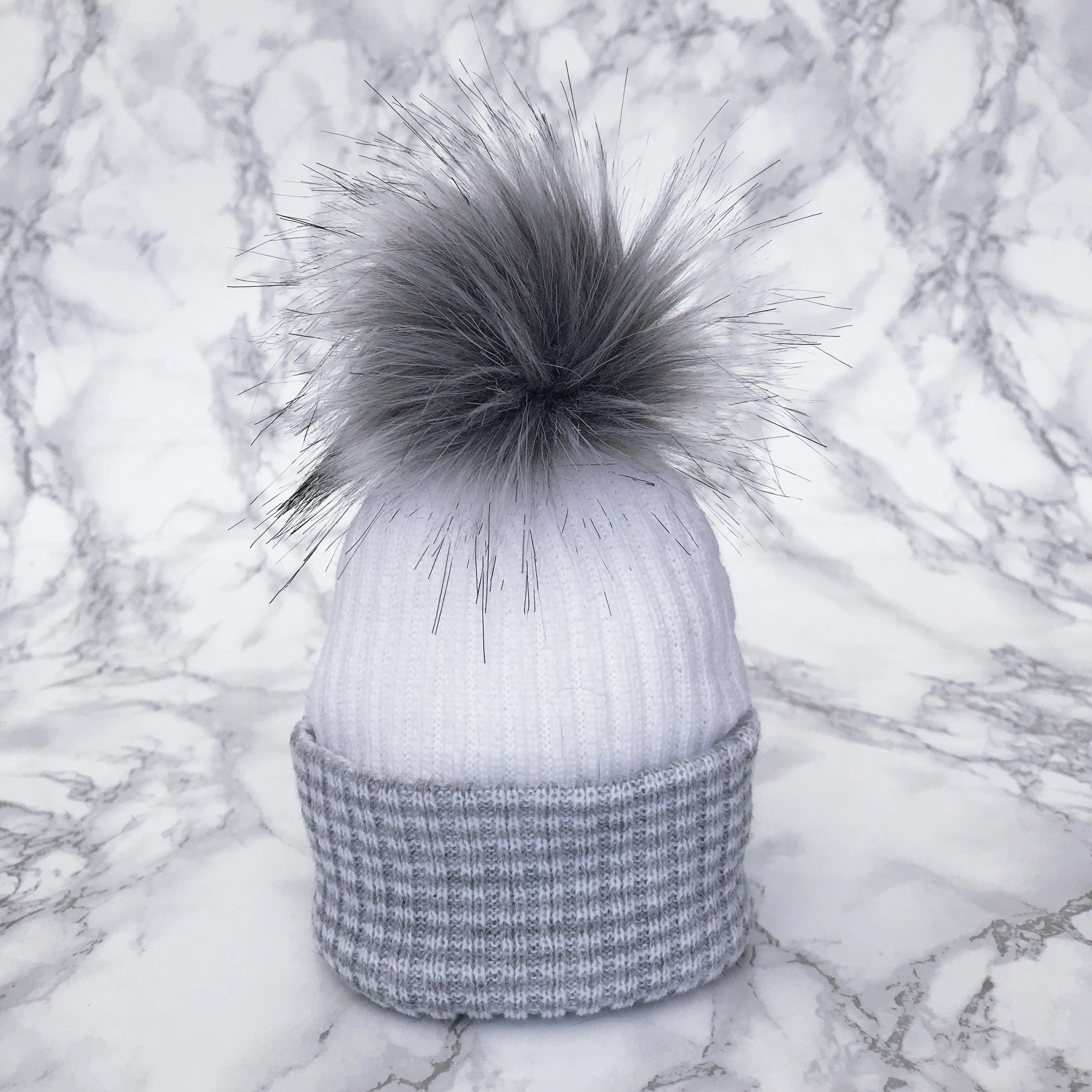 First Size Grey & White Faux Fur Pom Pom Hat