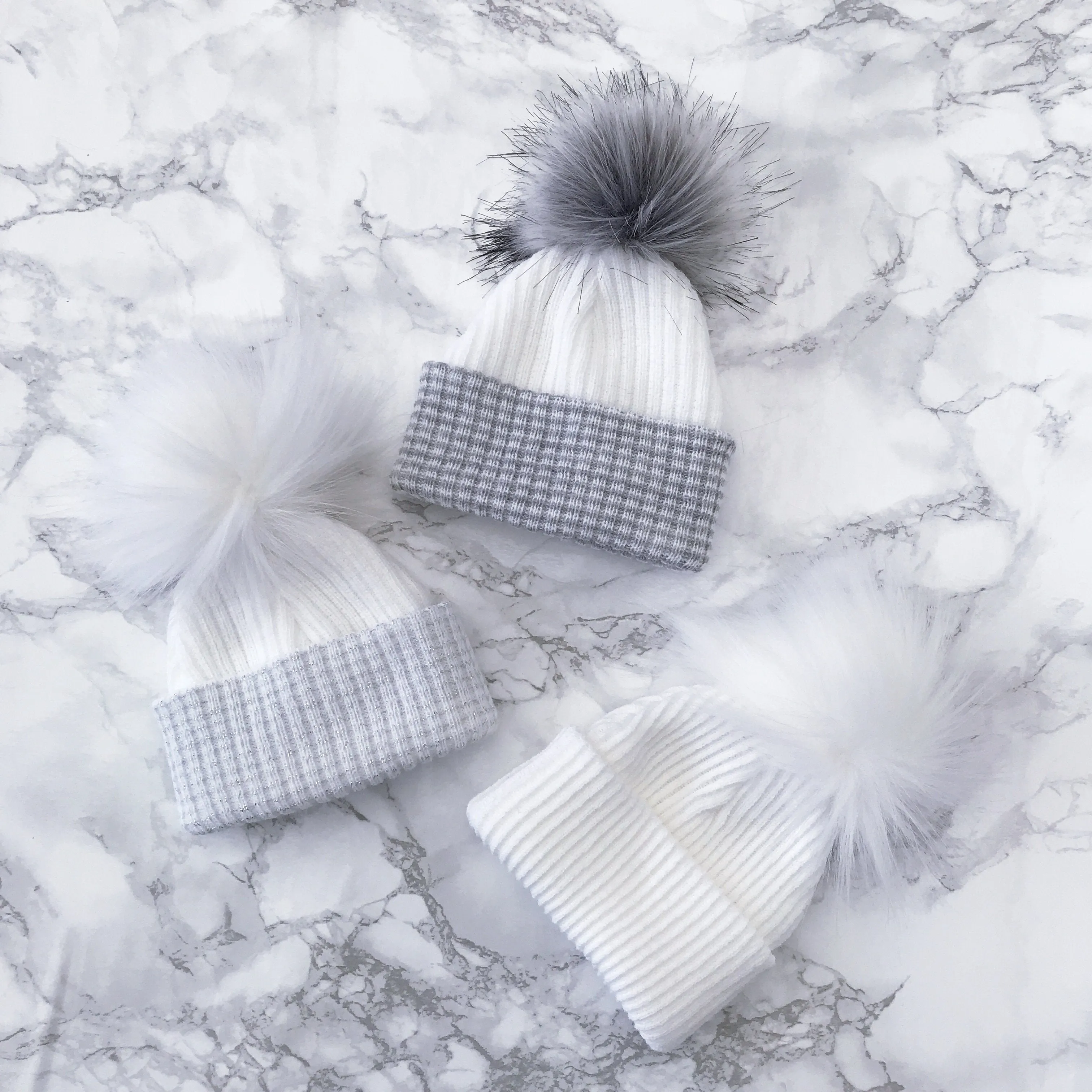 First Size Grey & White Faux Fur Pom Pom Hat