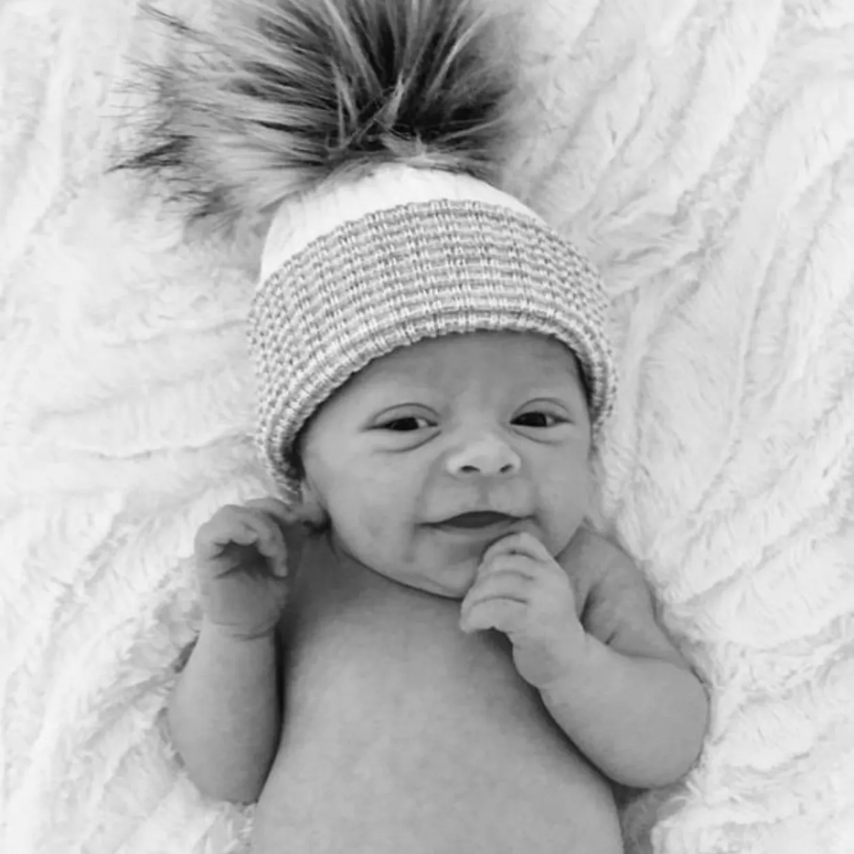 First Size Grey & White Faux Fur Pom Pom Hat