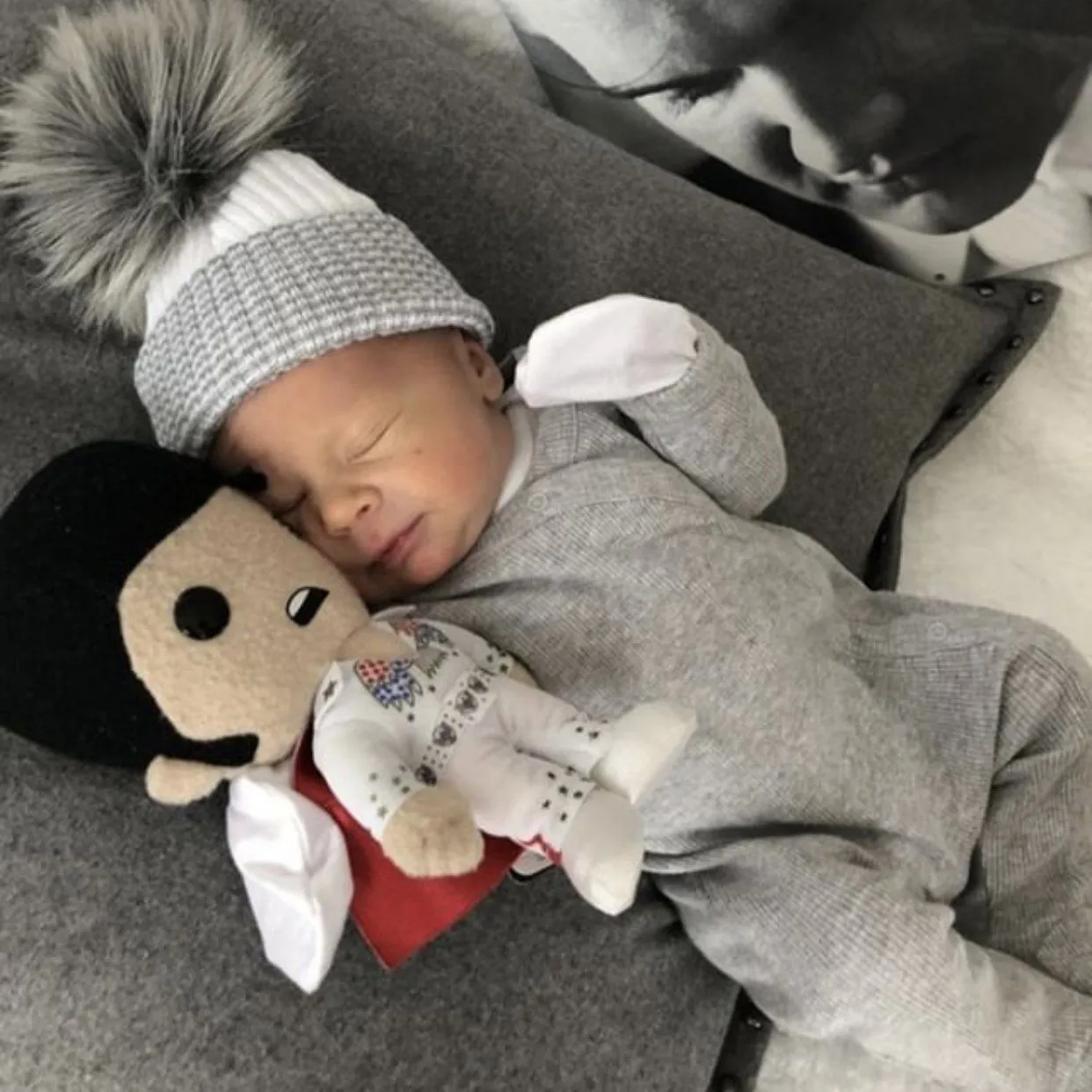 First Size Grey & White Faux Fur Pom Pom Hat