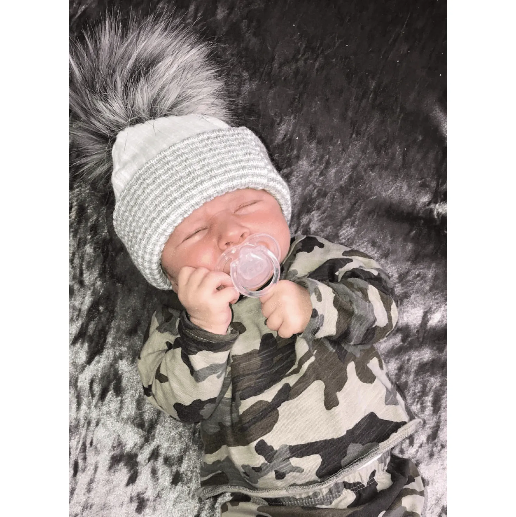 First Size Grey & White Faux Fur Pom Pom Hat