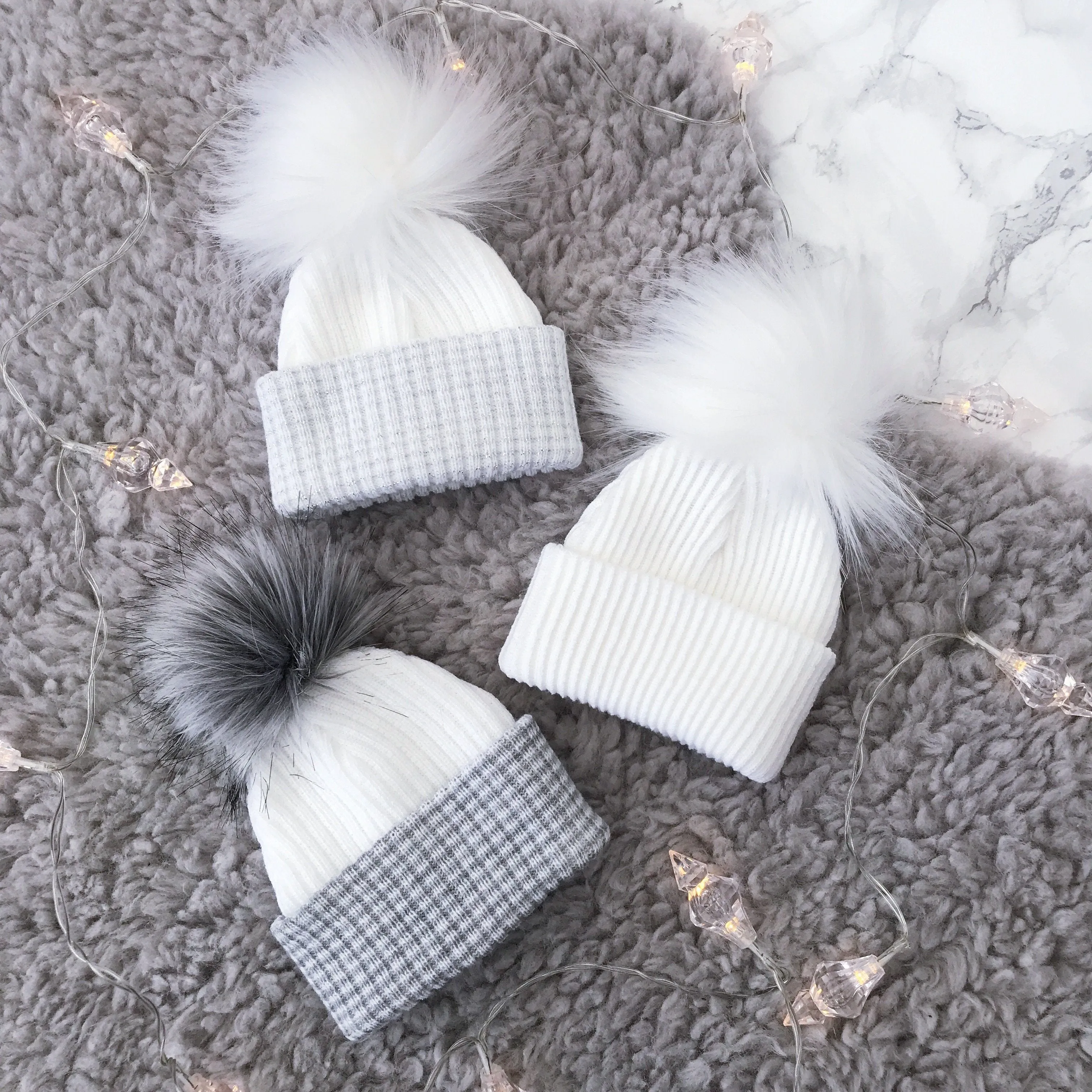 First Size Grey & White Faux Fur Pom Pom Hat