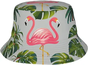 Flamingo Palm Trees Leaf Bucket Hat Packable Breathable Sun Hats Fisherman Hats Outdoor Summer Travel Hiking Beach Caps for Men Women Black