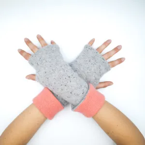 Flecked Grey and Salmon Luxury Reversible Cashmere Fingerless Gloves