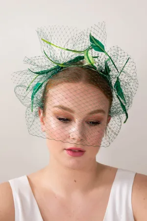 Floating Veiled Feather Headband in Greens