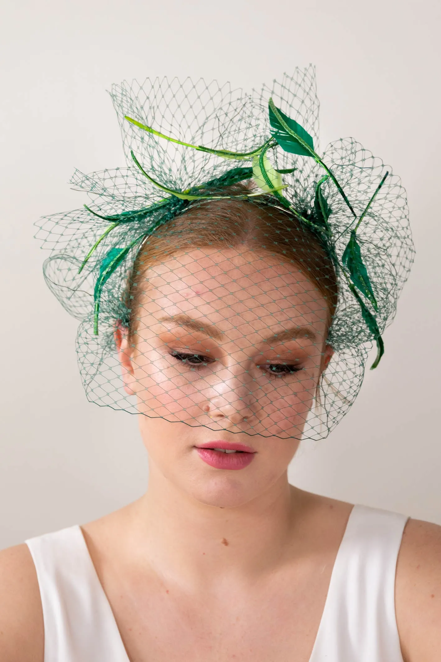 Floating Veiled Feather Headband in Greens