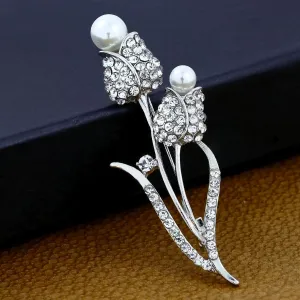 Flower Bouquet Cz Pearl Rhodium Brass Brooch Badge Pin Needle