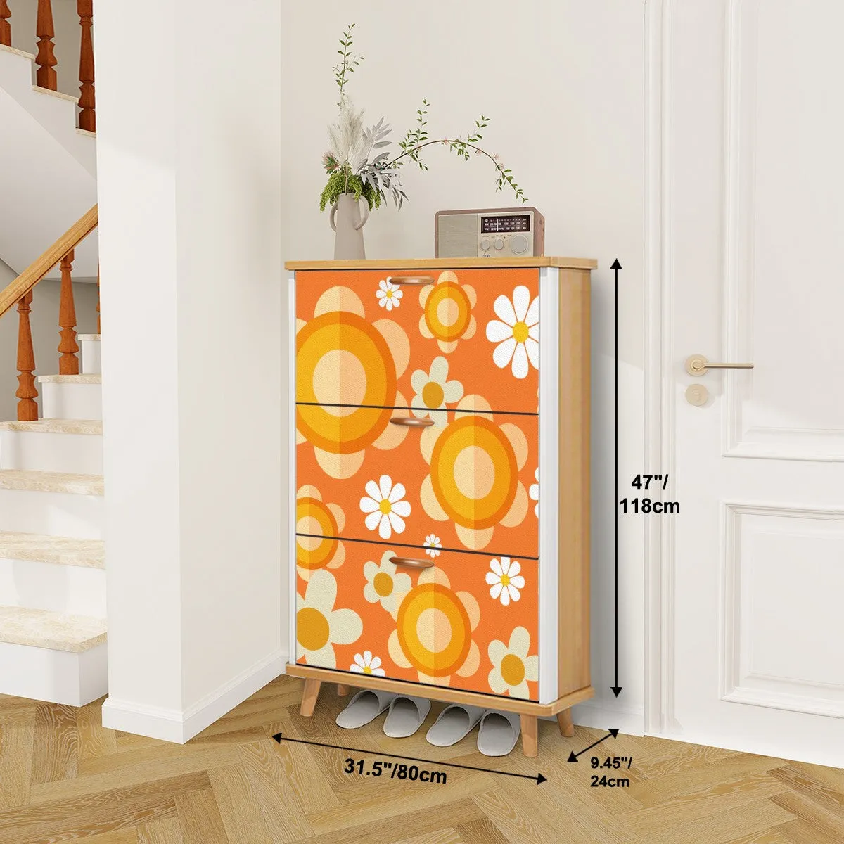 Flower Power Orange Groovy Mod Shoe Storage, Shoe Cabinet