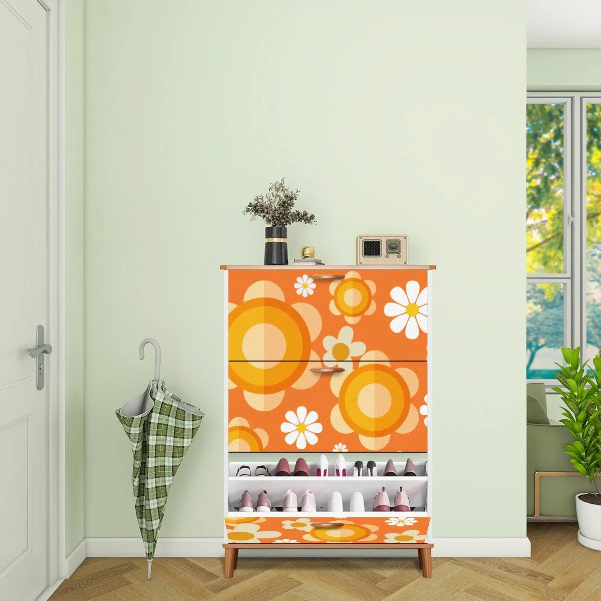 Flower Power Orange Groovy Mod Shoe Storage, Shoe Cabinet
