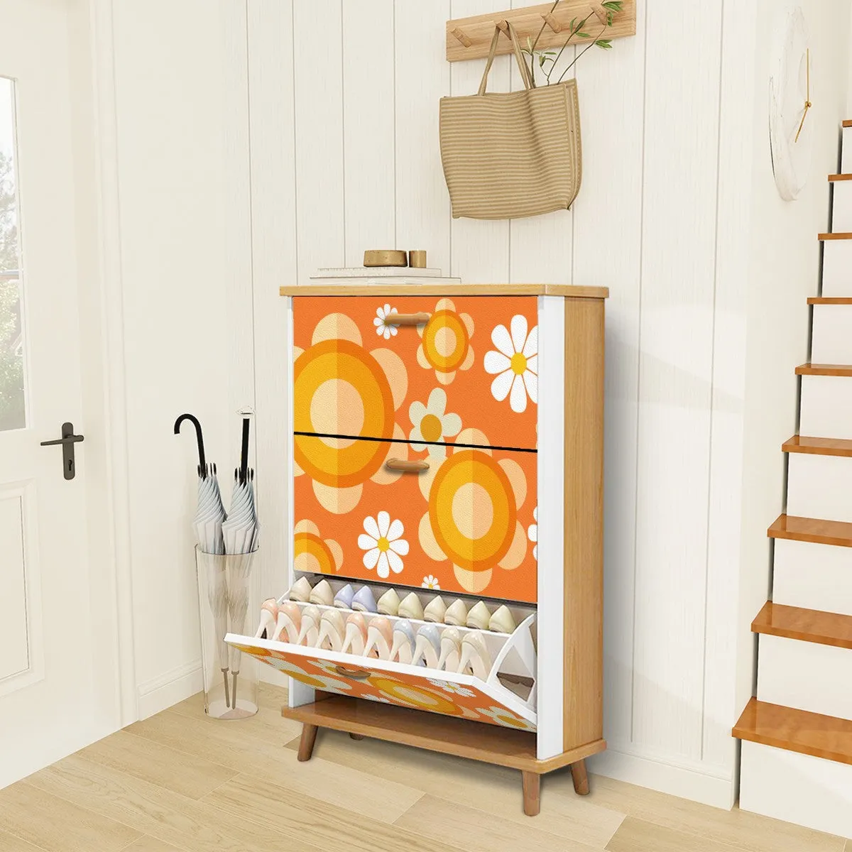 Flower Power Orange Groovy Mod Shoe Storage, Shoe Cabinet