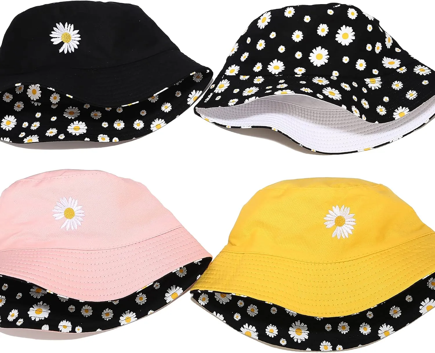 Flower Reversible Bucket Hat Cotton Summer Travel Beach Sun Hats Emboridery for Women Men