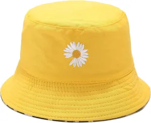 Flower Reversible Bucket Hat Cotton Summer Travel Beach Sun Hats Emboridery for Women Men
