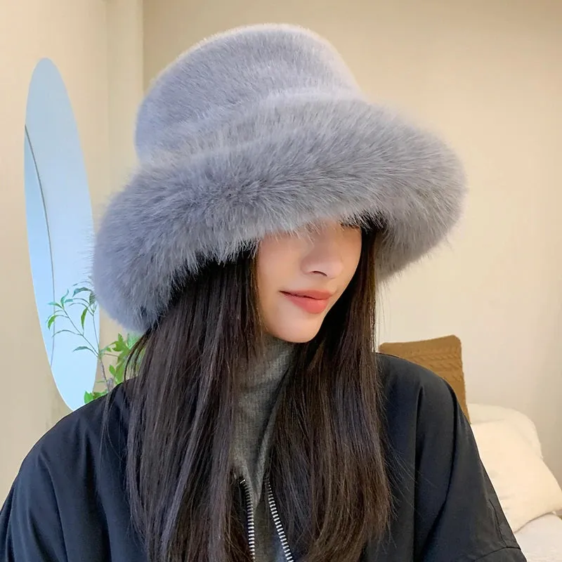 Fluffy Faux Fur Winter Bucket Hats for Women