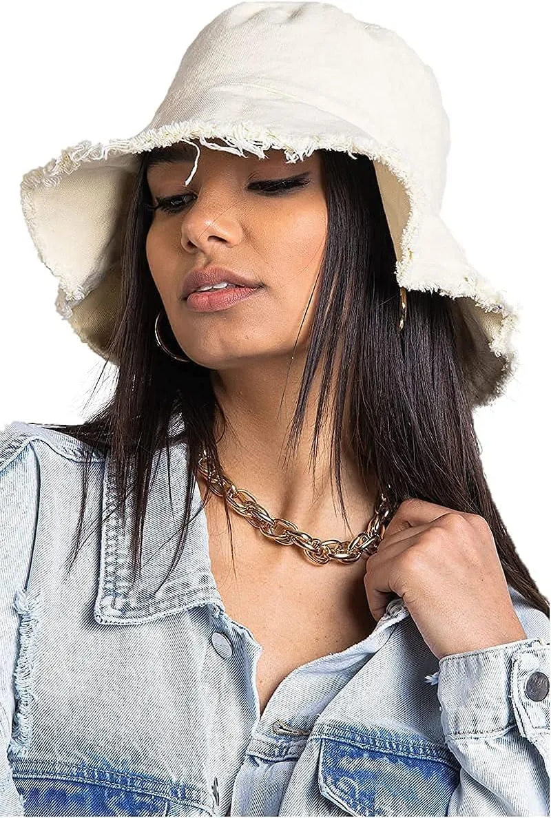 Frayed-Edge-Bucket-Hat-Summer Distressed-Beach-Sun-Hat-for-Women Men Teens Girls- Floppy Wide-Brim Fisherman Cap(Size: 7 1/8)