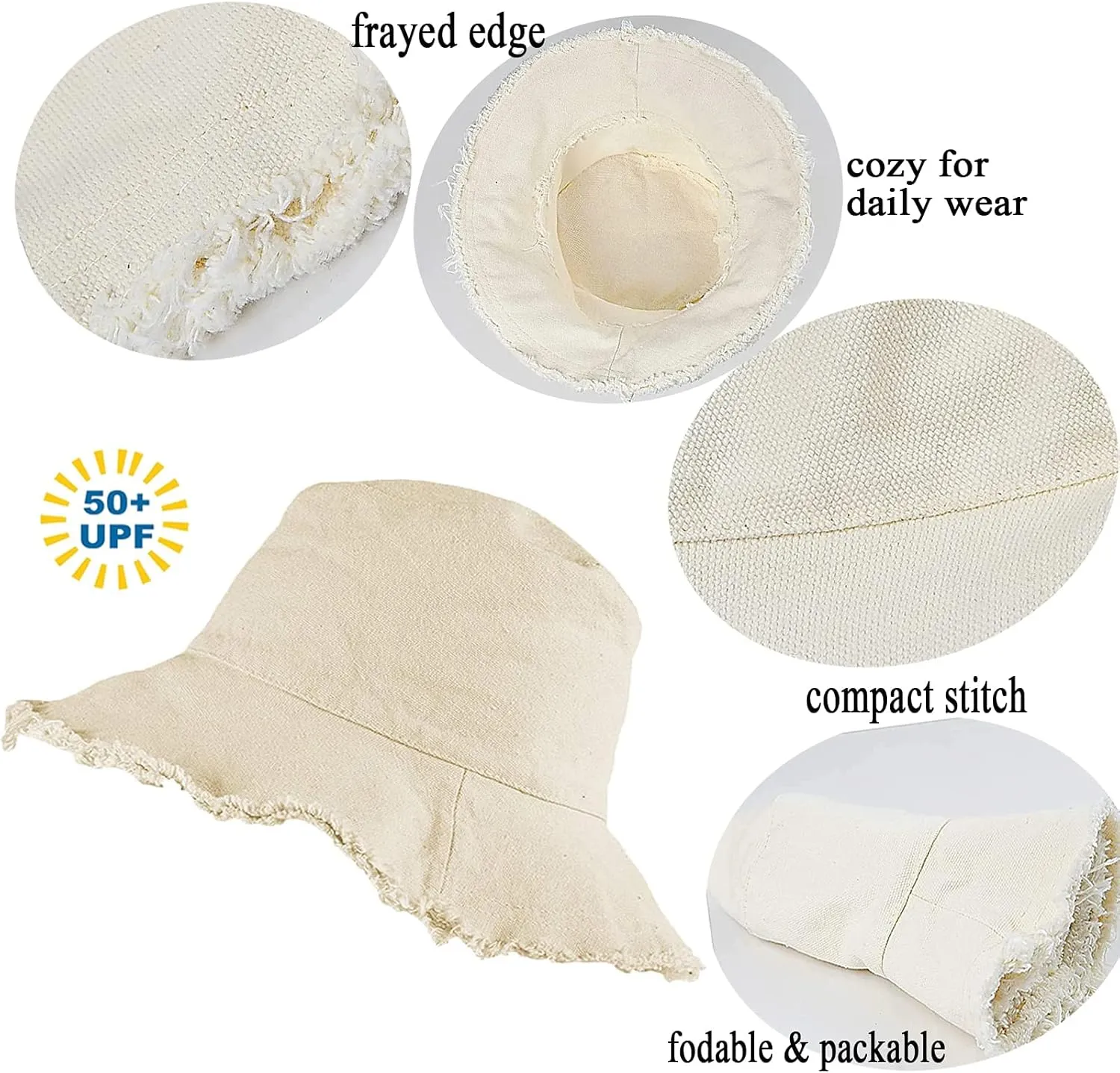Frayed-Edge-Bucket-Hat-Summer Distressed-Beach-Sun-Hat-for-Women Men Teens Girls- Floppy Wide-Brim Fisherman Cap(Size: 7 1/8)