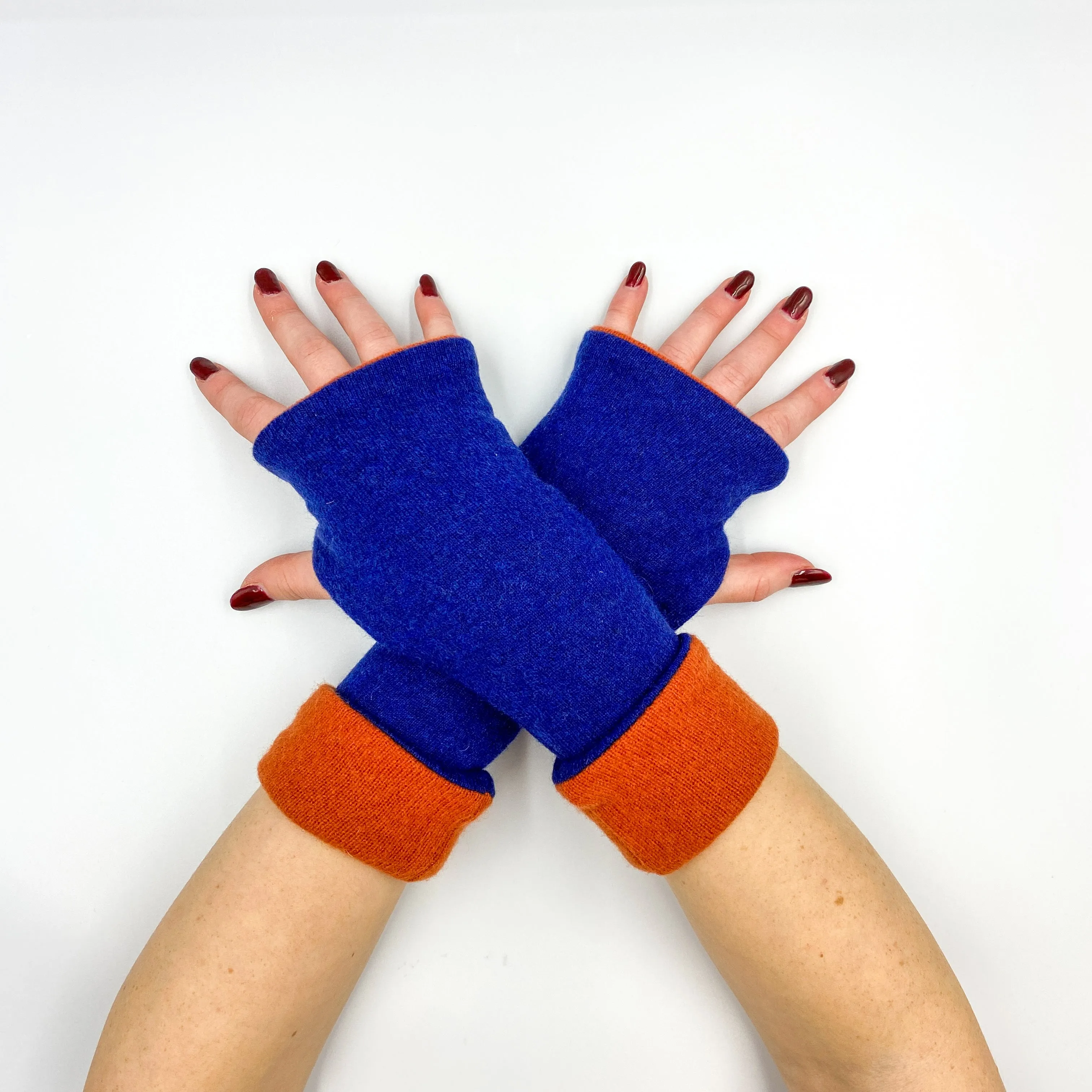 French Navy and Rust Orange Luxury Reversible Cashmere Fingerless Glovese