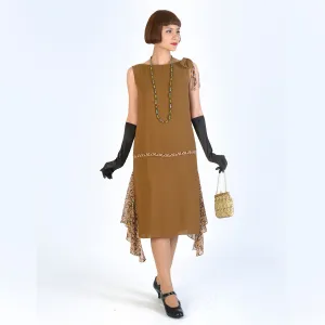 Gatsby party dress in brown crepe georgette and printed brown chiffon