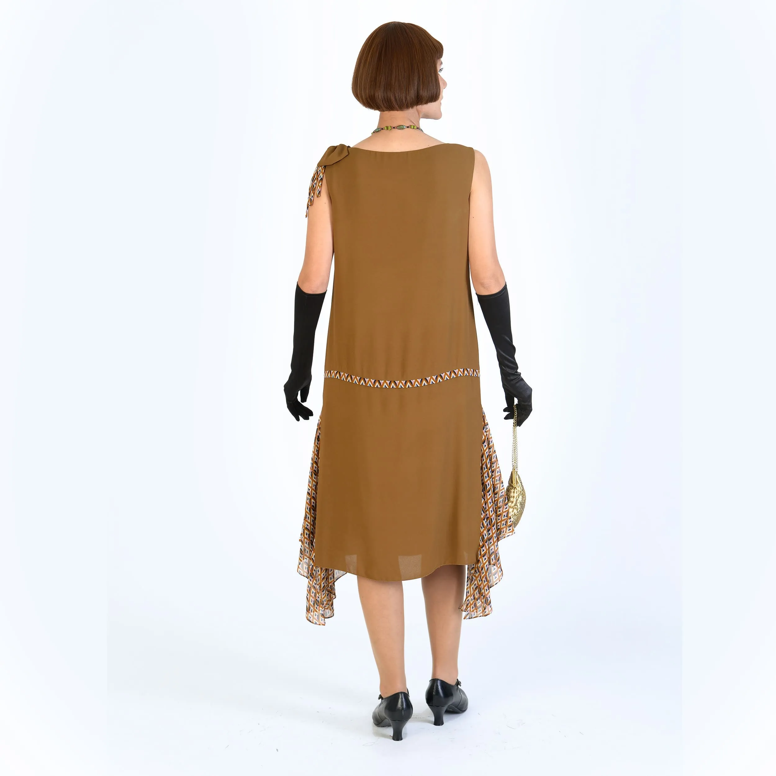 Gatsby party dress in brown crepe georgette and printed brown chiffon