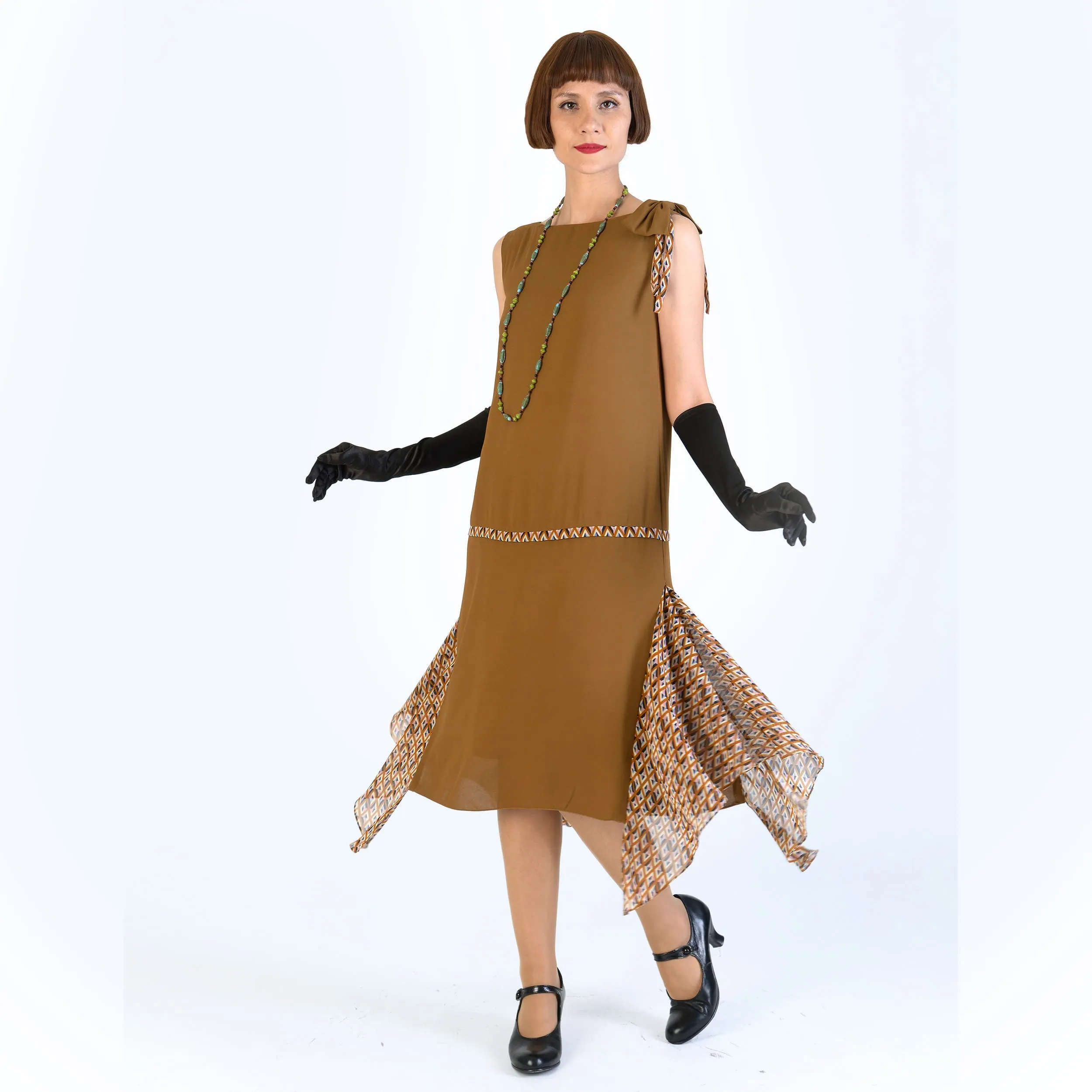 Gatsby party dress in brown crepe georgette and printed brown chiffon