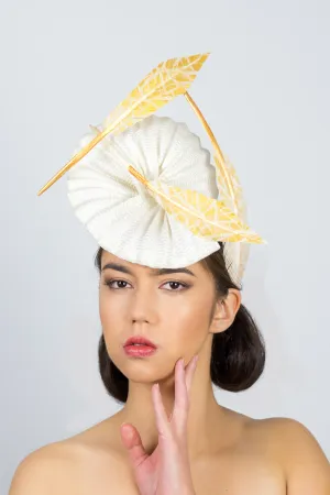 GEORGIA: Pleated Straw Platter Hat with Gold Feathers