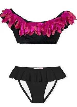 Girls Black Bikini with Pink Metallic Petals