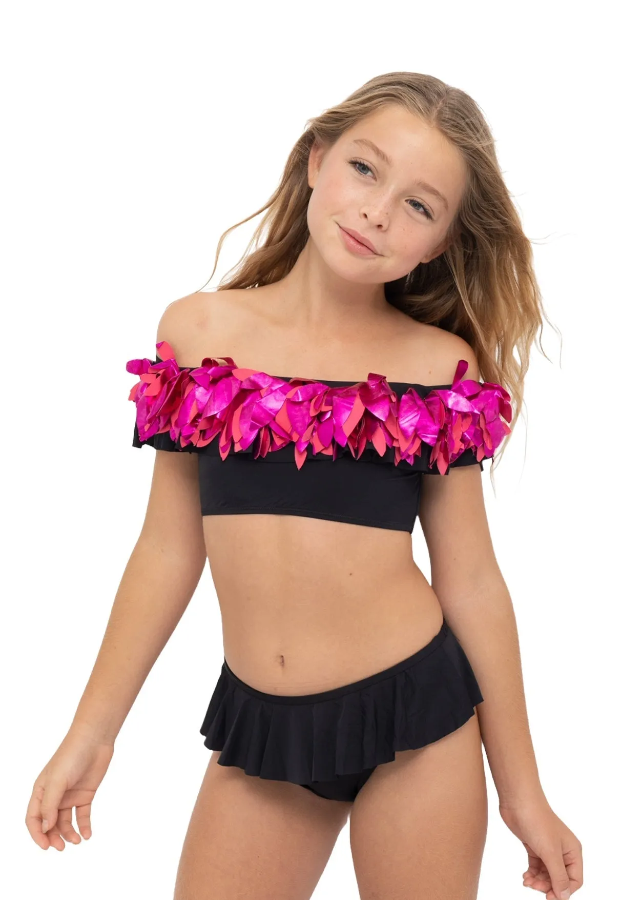 Girls Black Bikini with Pink Metallic Petals