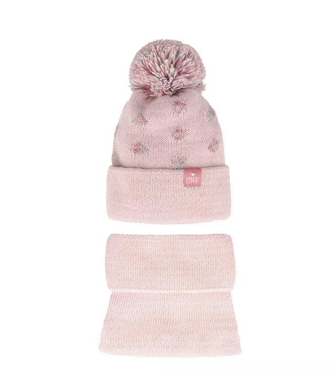 Girls' Powder Pink Dotted Hat with Pompom and Tube Scarf Set ~6-12 Yeras | 48/364-PP