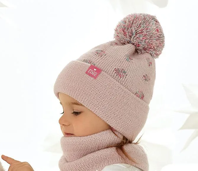 Girls' Powder Pink Dotted Hat with Pompom and Tube Scarf Set ~6-12 Yeras | 48/364-PP