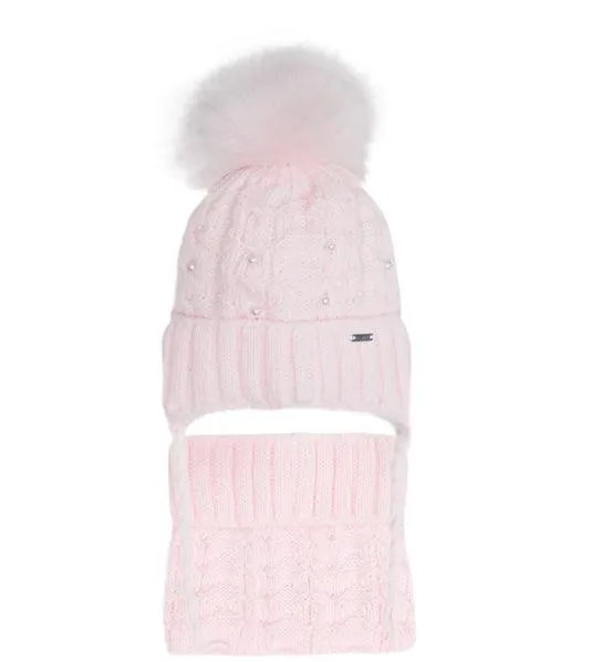 Girls' Powder Pink Tied Hat with Pompom and Tube Scarf Set ~ 1-5 Years | 46/420