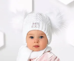 Girls' White Hat with Two Pompoms and Scarf Set ~0-24 Months | 44/400-W