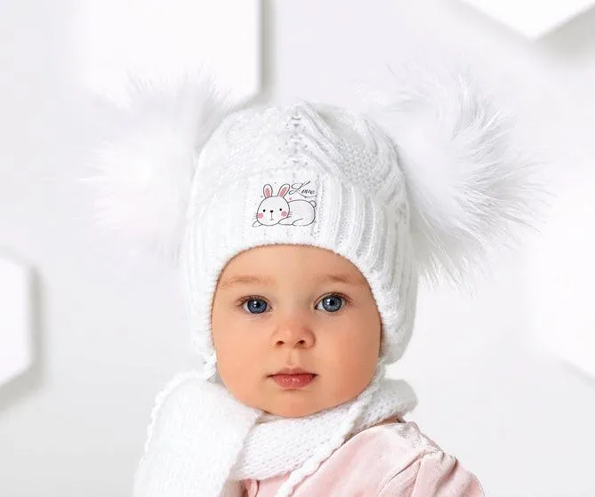 Girls' White Hat with Two Pompoms and Scarf Set ~0-24 Months | 44/400-W