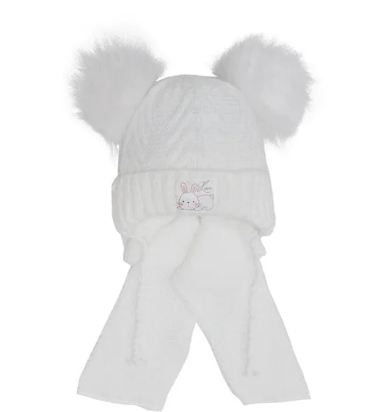 Girls' White Hat with Two Pompoms and Scarf Set ~0-24 Months | 44/400-W