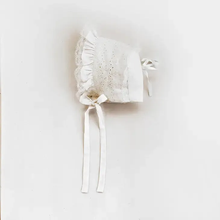 Girls White Ribbon Bonnet