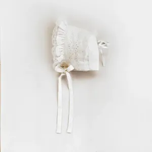 Girls White Ribbon Bonnet