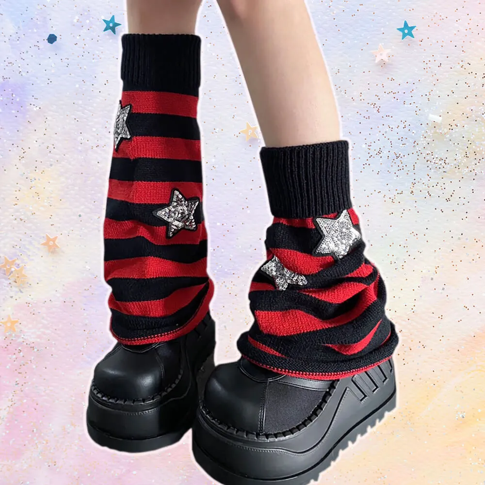 Glitter Sequin Stars Decor Striped Flared Leg Warmers