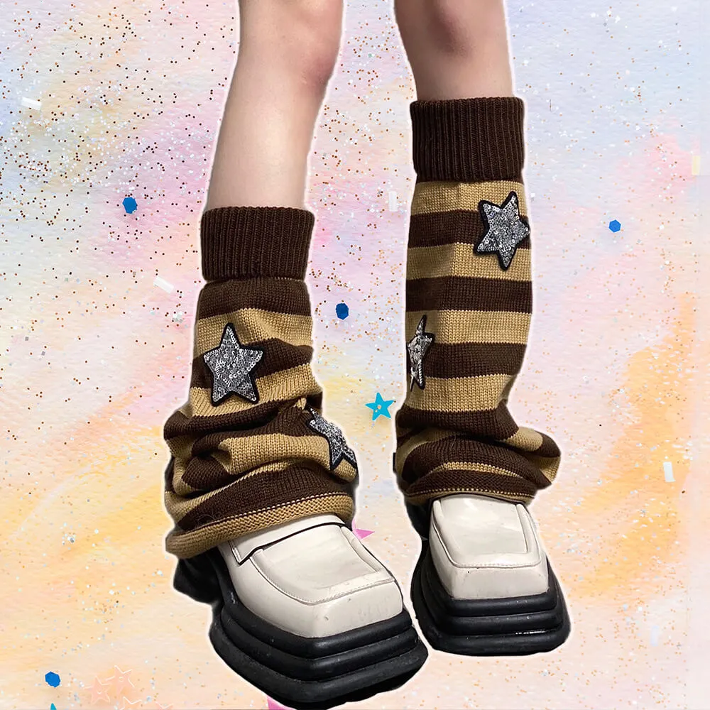 Glitter Sequin Stars Decor Striped Flared Leg Warmers