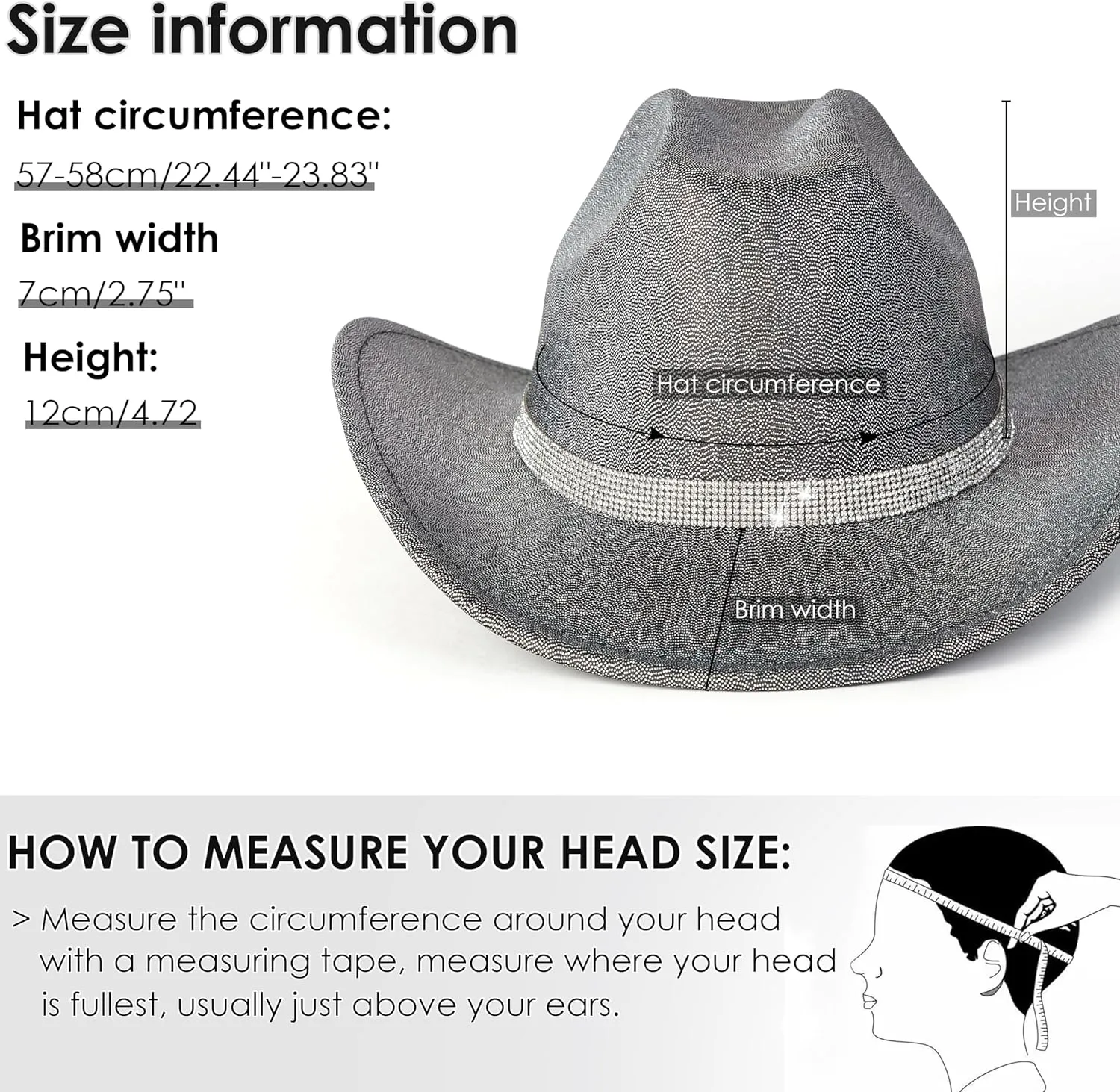 Gossifan Women Men Wide Brim Cowboy Hats with Rhinestone Buckle for Party Disco Sparkly Cowgirl Hat
