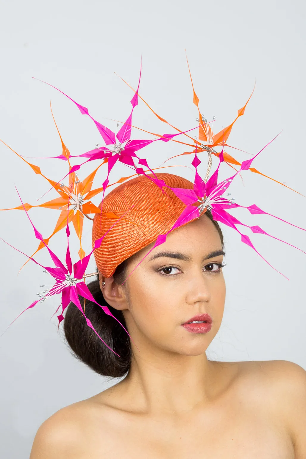 GRACE: Orange Beret with Feather Flowers