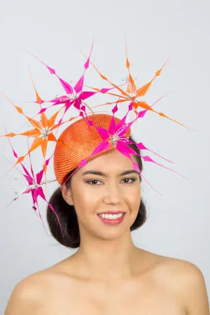 GRACE: Orange Beret with Feather Flowers
