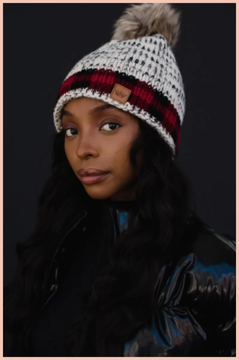 Gray Pom   Buffalo Plaid Trim Beanie