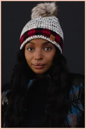 Gray Pom   Buffalo Plaid Trim Beanie