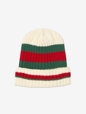 Gucci Kids Web Stripe Knitted Hat in Ivory