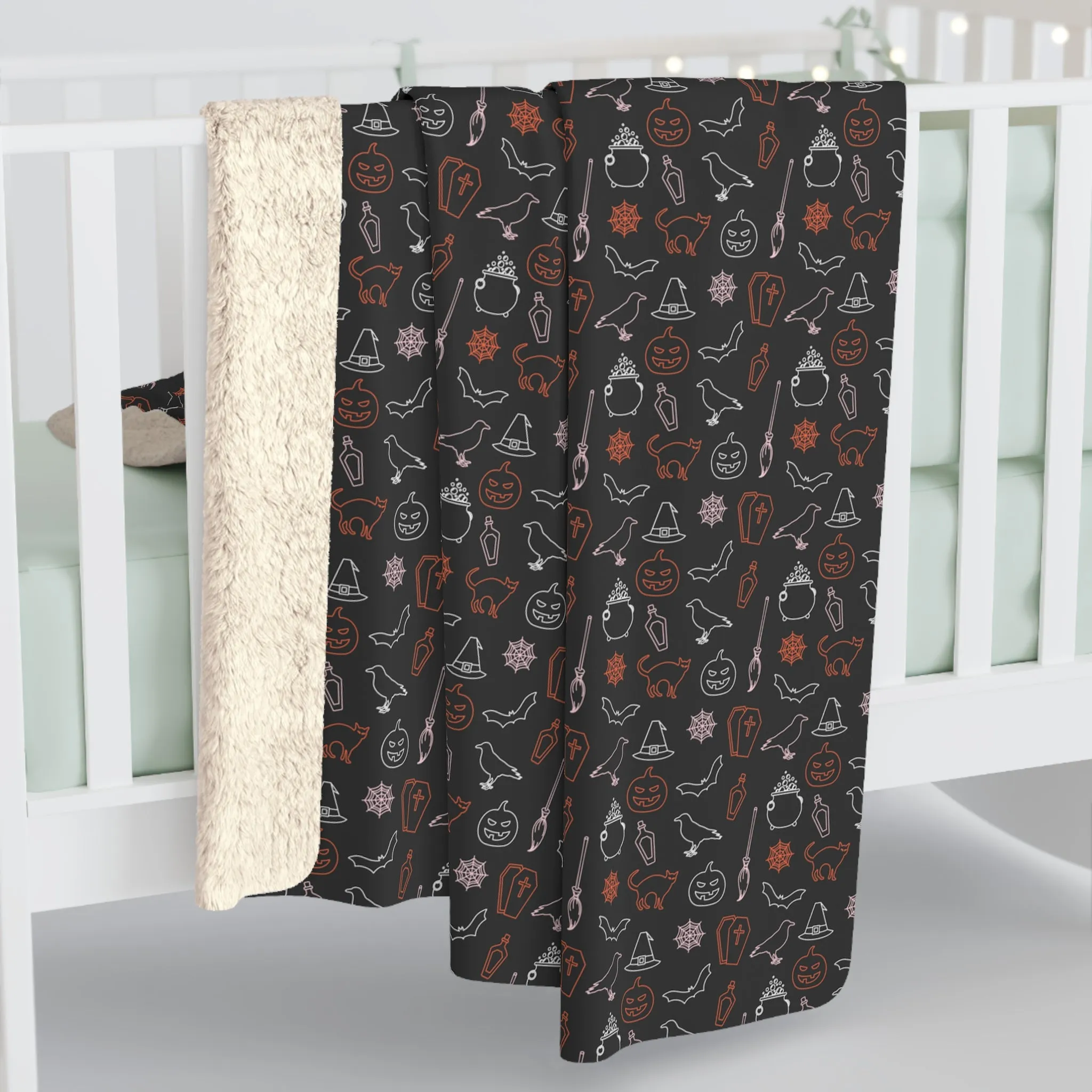 Halloween Sherpa Blanket Spooky Ghost Witch Hat Black Cat Cozy Blanket, Throw Blanket Black, Sofa Blanket
