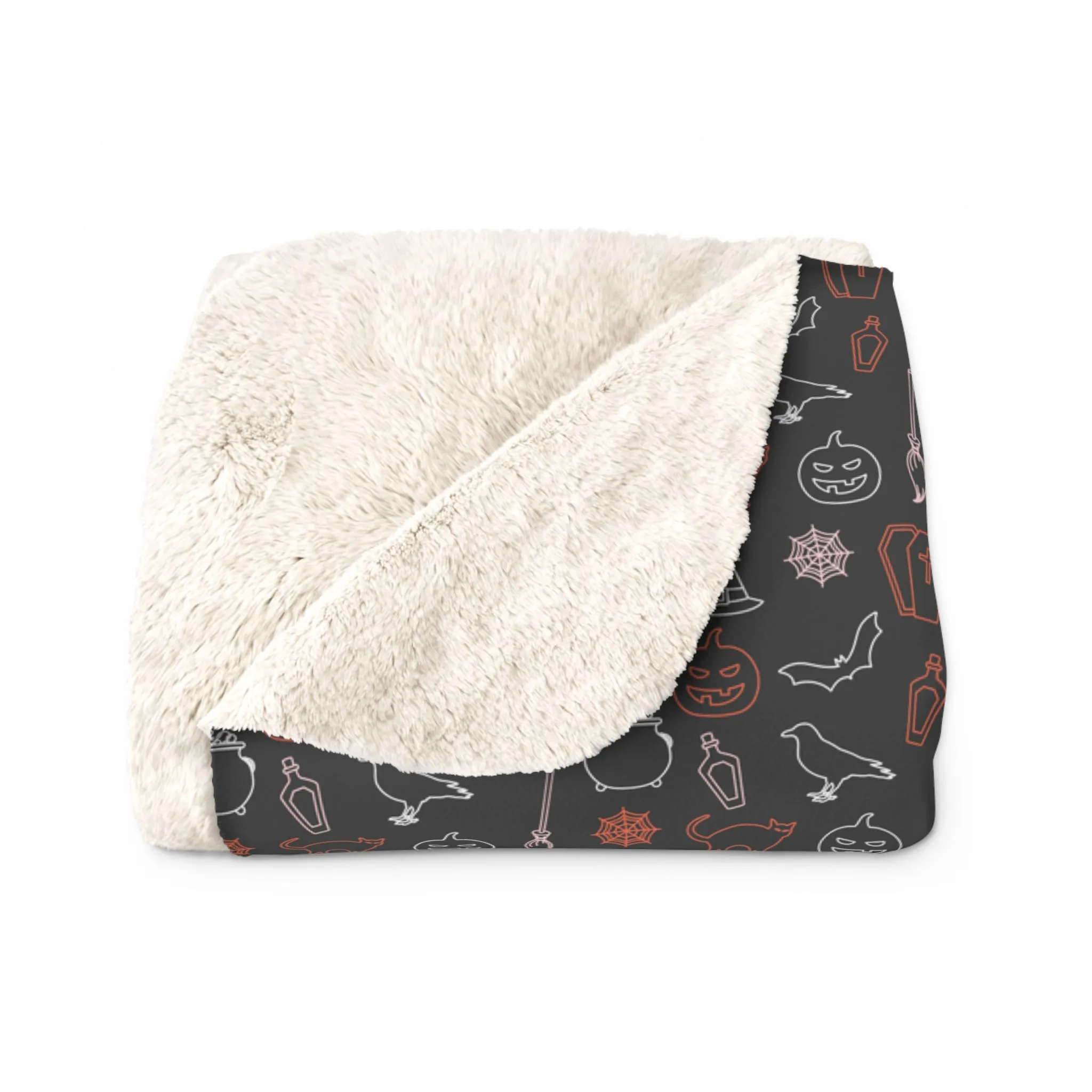 Halloween Sherpa Blanket Spooky Ghost Witch Hat Black Cat Cozy Blanket, Throw Blanket Black, Sofa Blanket