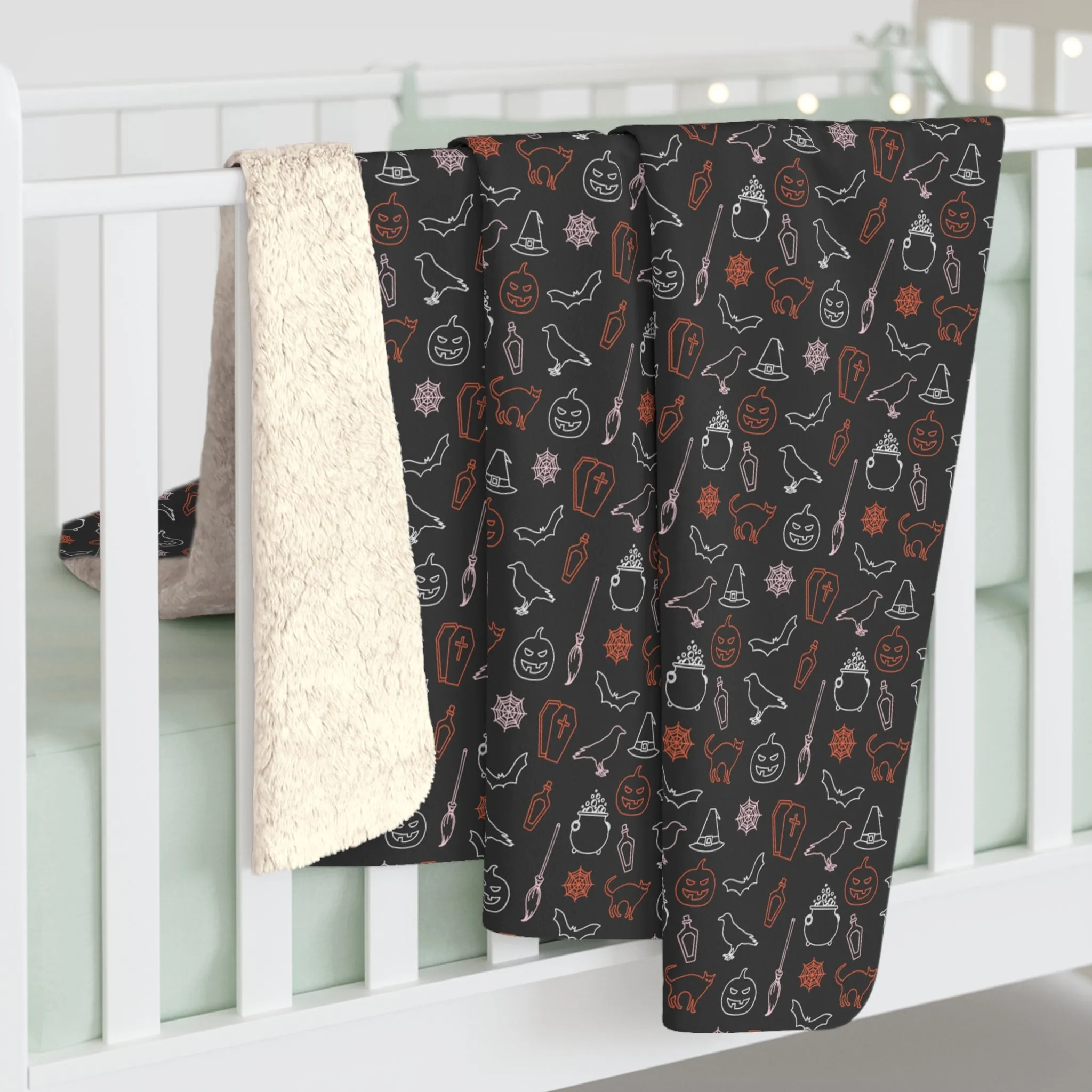 Halloween Sherpa Blanket Spooky Ghost Witch Hat Black Cat Cozy Blanket, Throw Blanket Black, Sofa Blanket